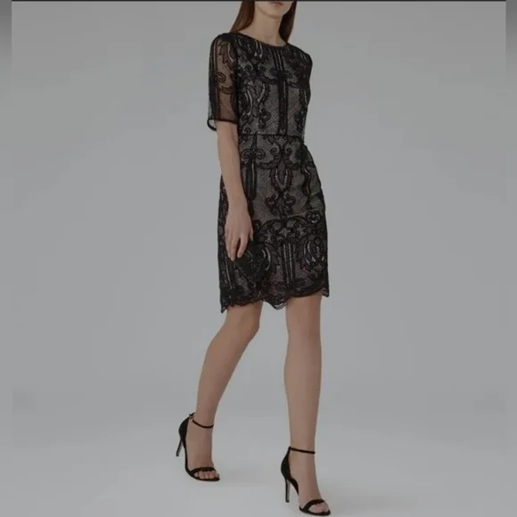 🌞REISS Zola Lace Dress  Black Scalloped Hem V-Back Party Cocktail US 4 - Picture 7 of 16